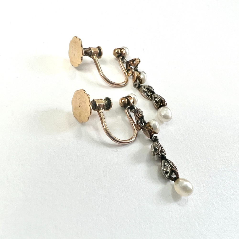 Edwardian Diamond and Pearl Silver and Gold Screwback Earrings View VIII