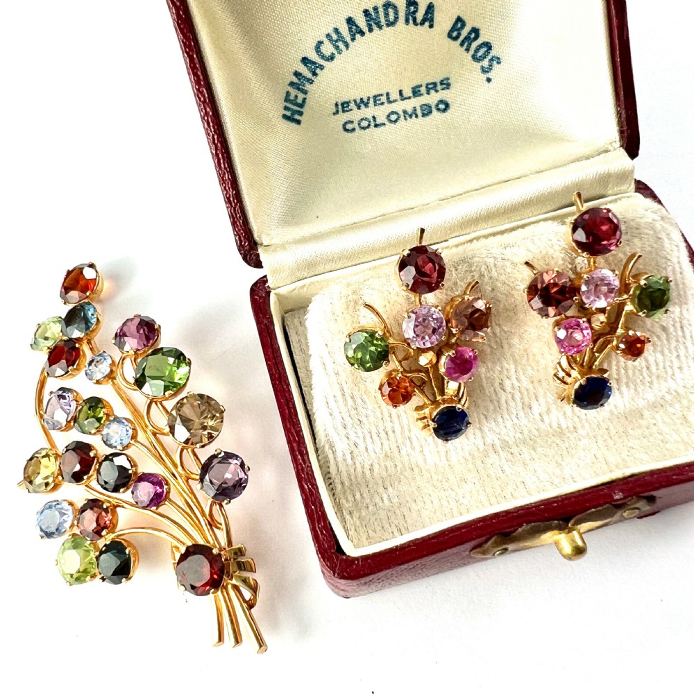 Vintage Sri Lankan Tutti Frutti Gemstones Gold Brooch