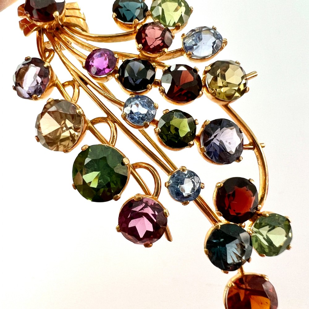Vintage Sri Lankan Tutti Frutti Gemstones Gold Brooch View II