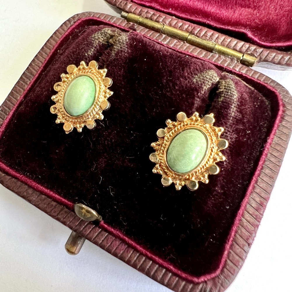 Vintage 9CT Gold Oval Green Cabochon Stud Earrings View II