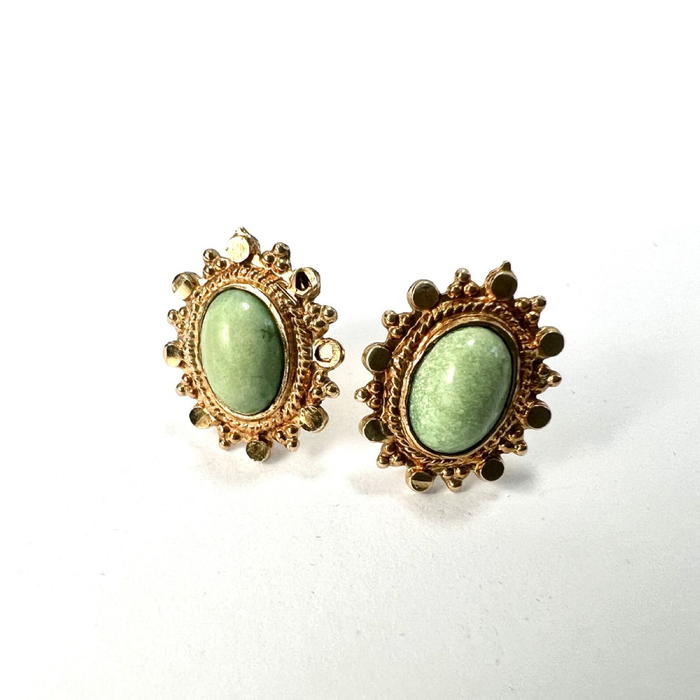Vintage 9CT Gold Oval Green Cabochon Stud Earrings View IV
