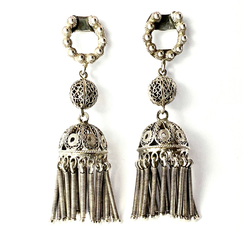 Antique Silver Filigree Tassel Chandelier Earrings