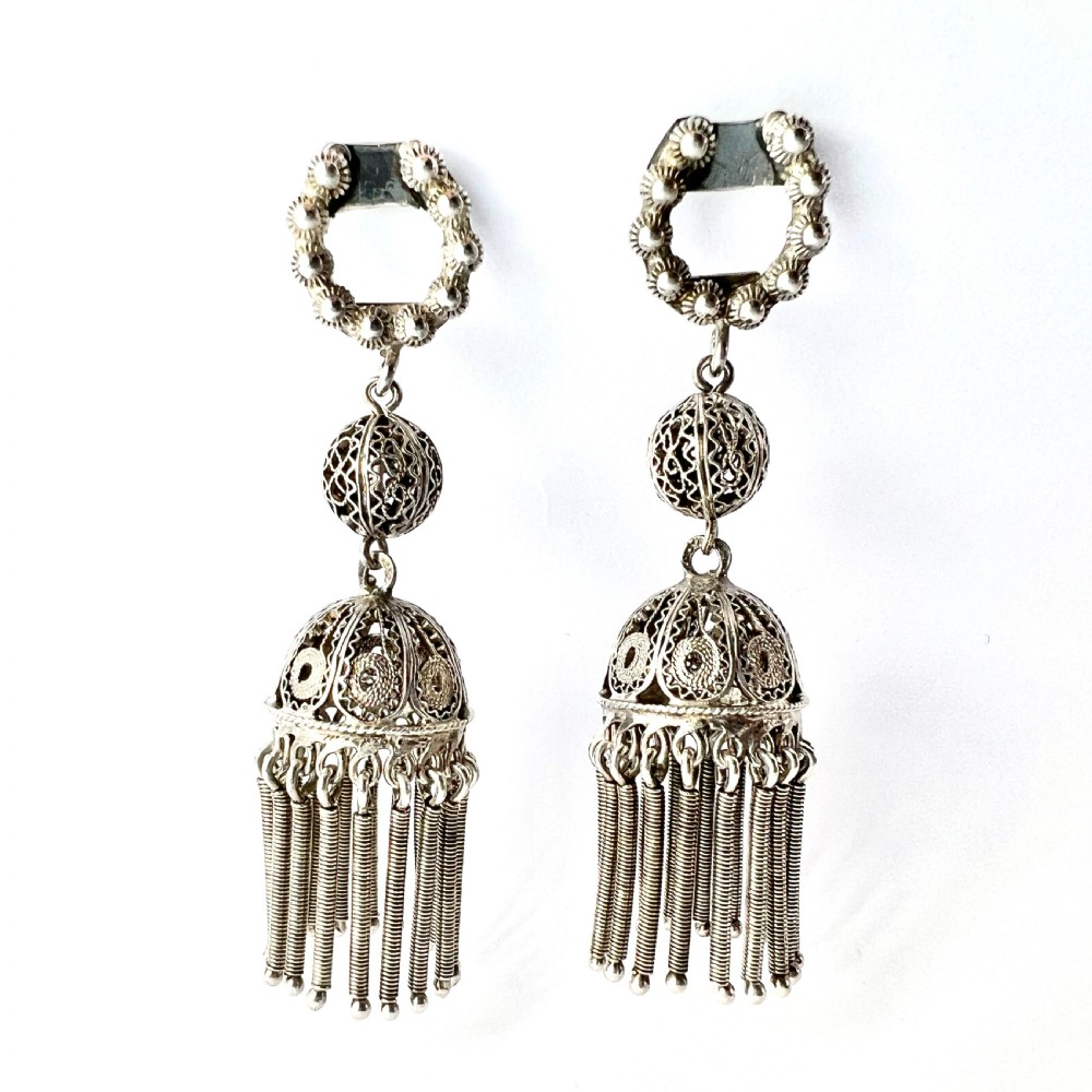 Antique Silver Filigree Tassel Chandelier Earrings View II