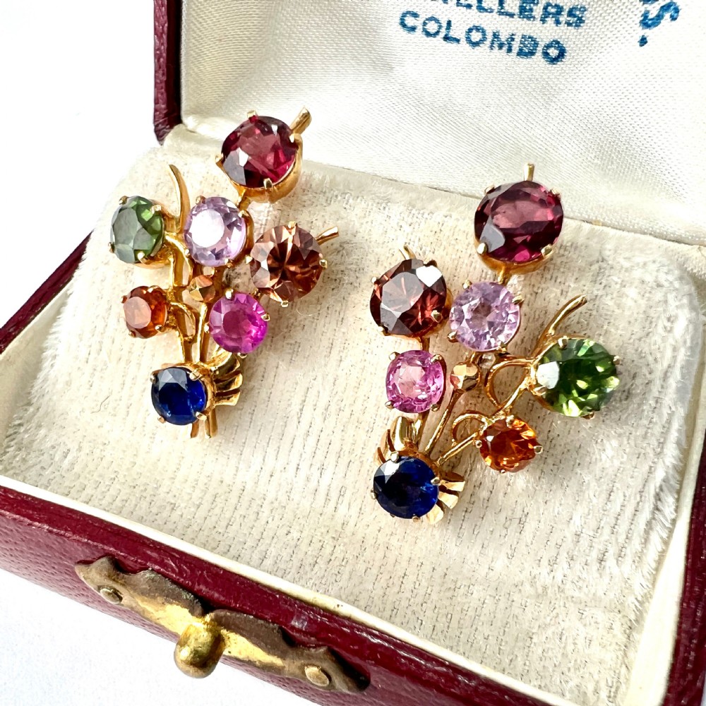RESERVED • Vintage Gold Sri Lankan Tutti Frutti Gemstone Earrings View II