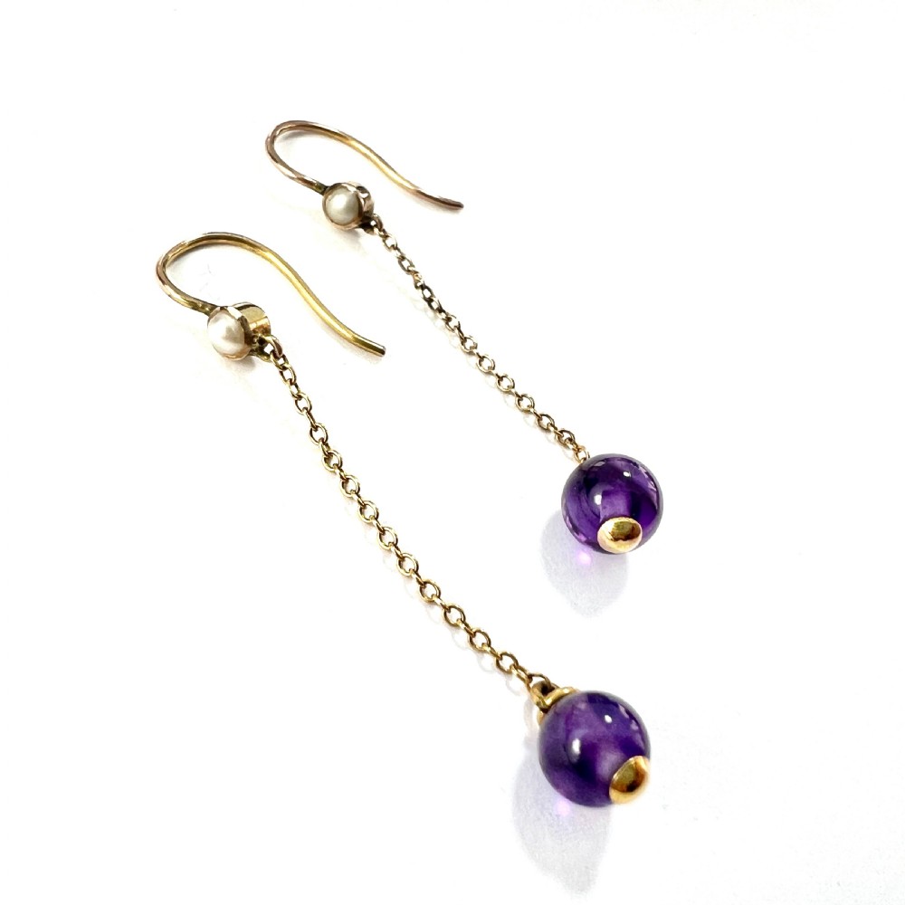 Edwardian 9CT Gold Amethyst and Pearl Chain Drop Earrings