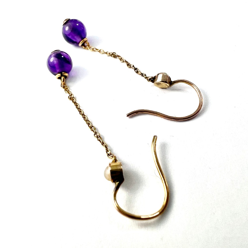 Edwardian 9CT Gold Amethyst and Pearl Chain Drop Earrings View II
