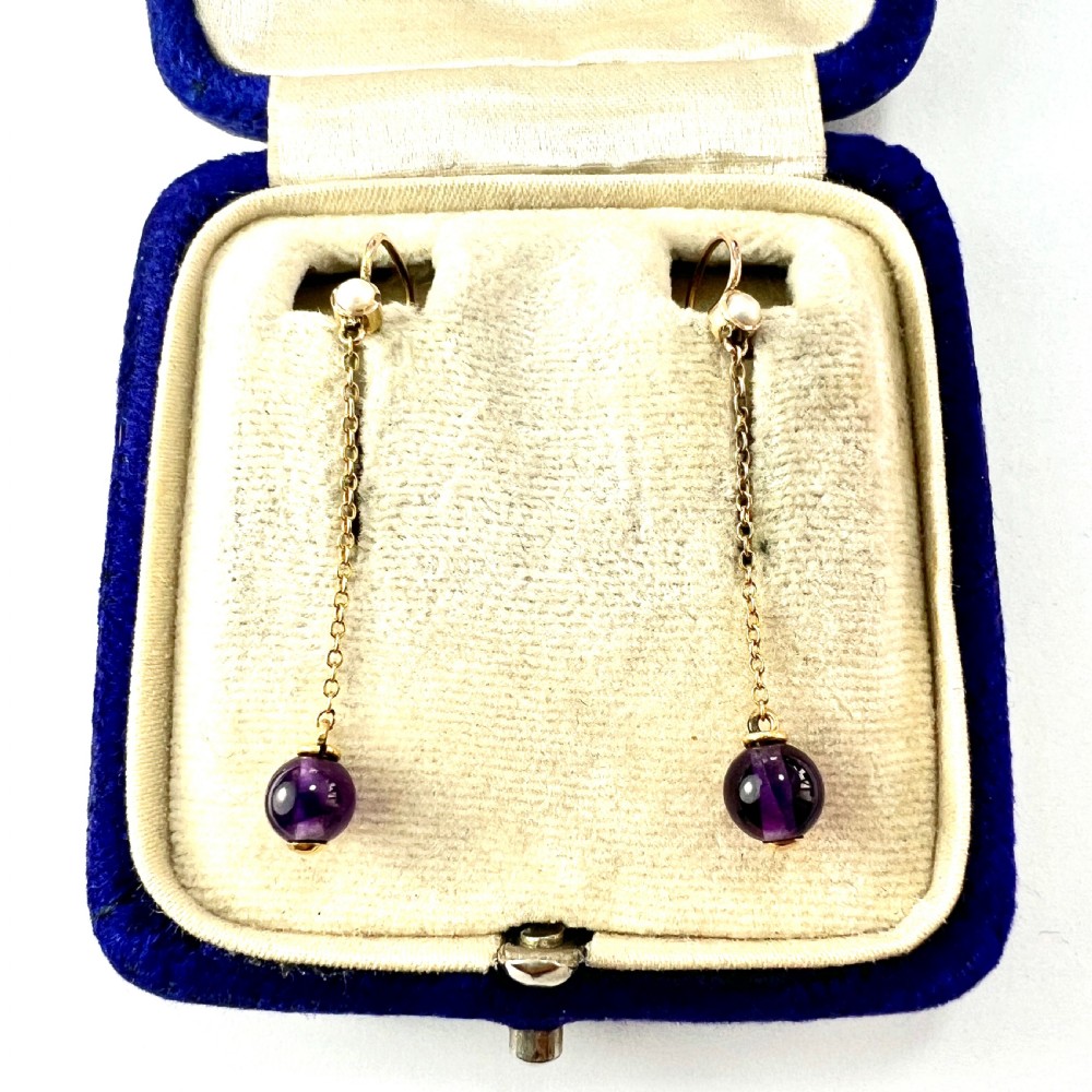 Edwardian 9CT Gold Amethyst and Pearl Chain Drop Earrings View III