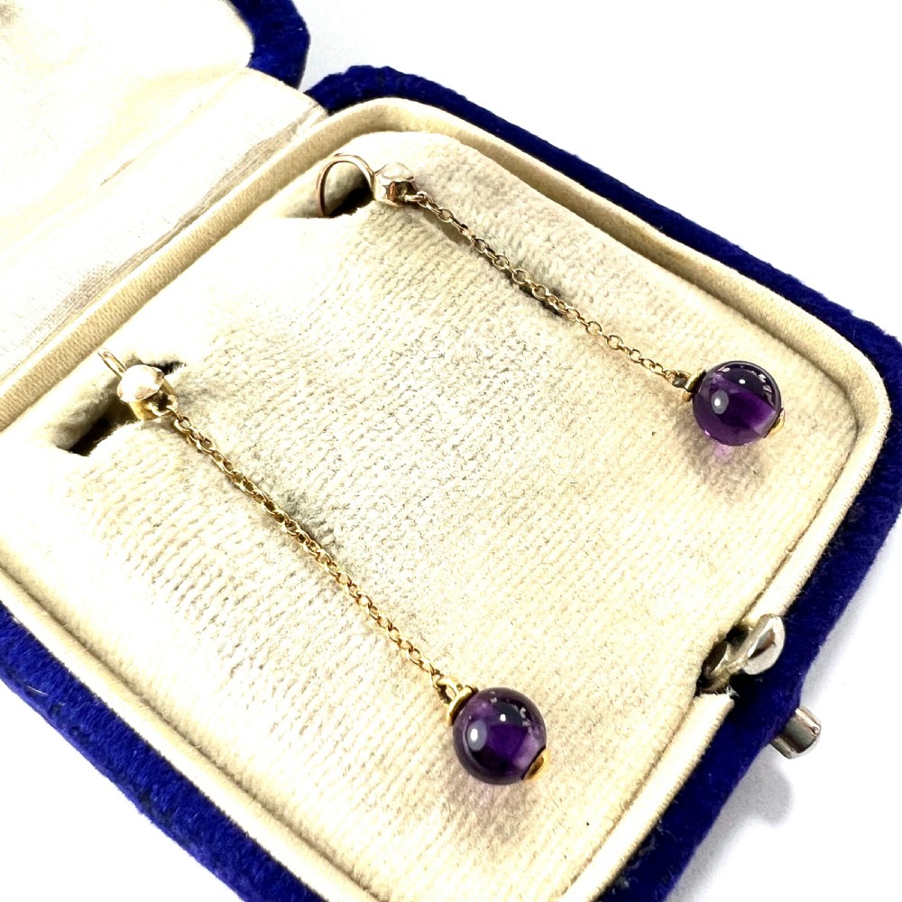 Edwardian 9CT Gold Amethyst and Pearl Chain Drop Earrings View IV