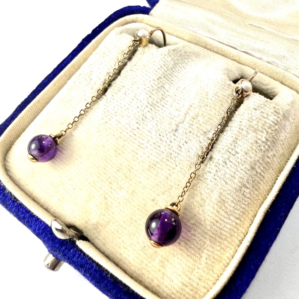 Edwardian 9CT Gold Amethyst and Pearl Chain Drop Earrings View V