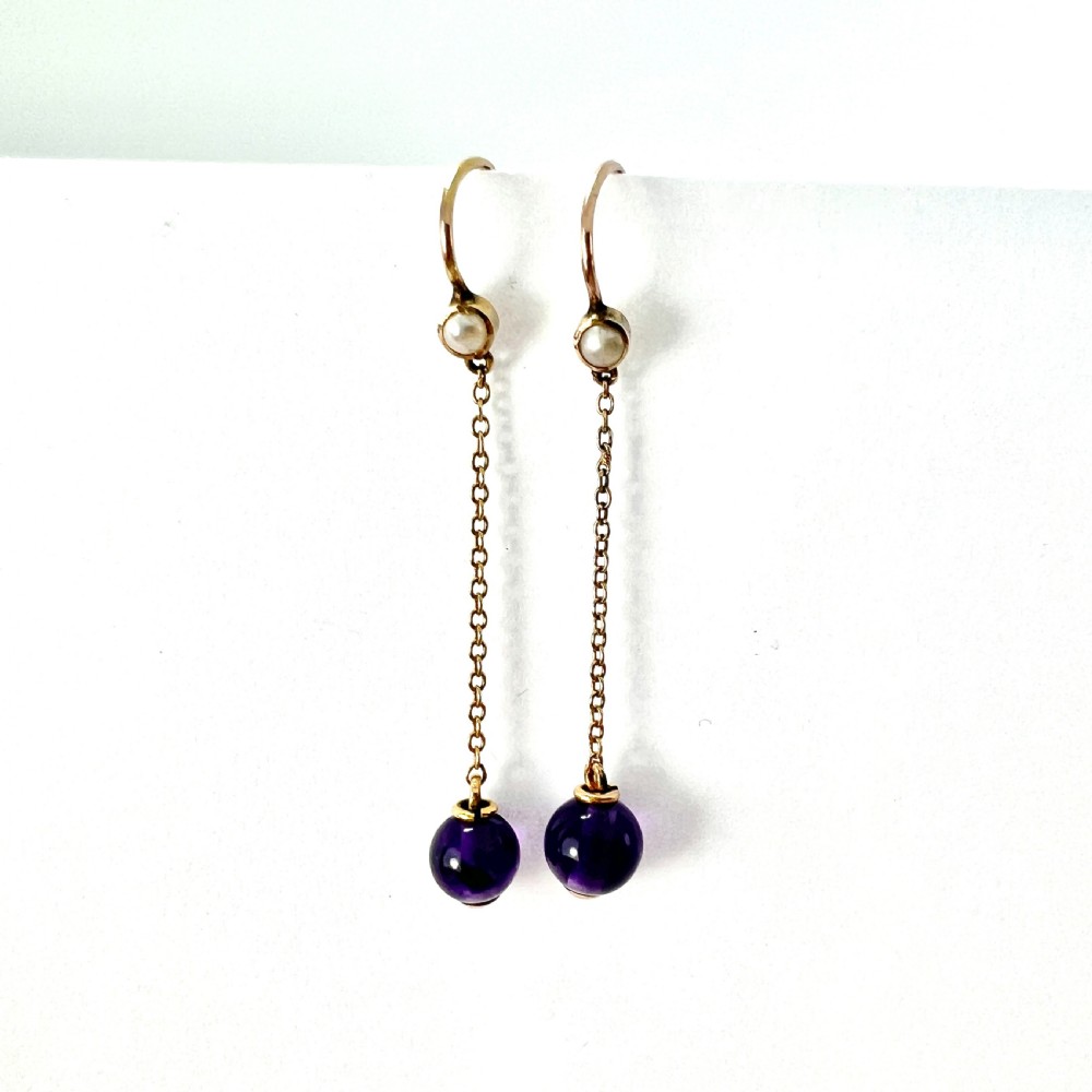 Edwardian 9CT Gold Amethyst and Pearl Chain Drop Earrings View VIII