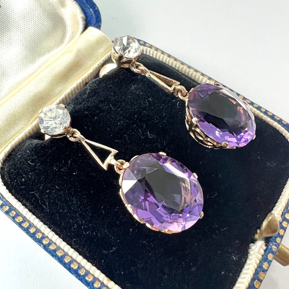 Antique Zircon 9CT Gold Amethyst Drop Earrings