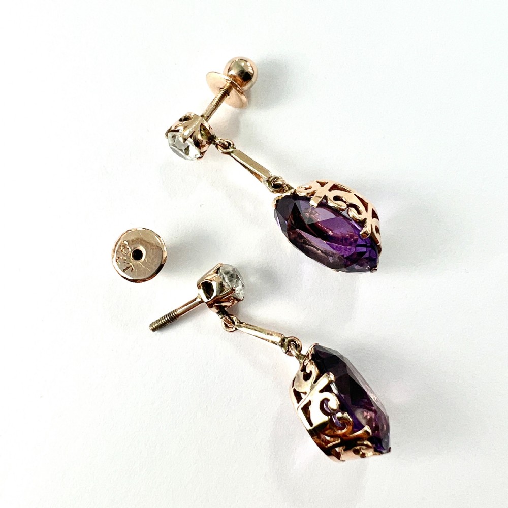 Antique Zircon 9CT Gold Amethyst Drop Earrings View VII