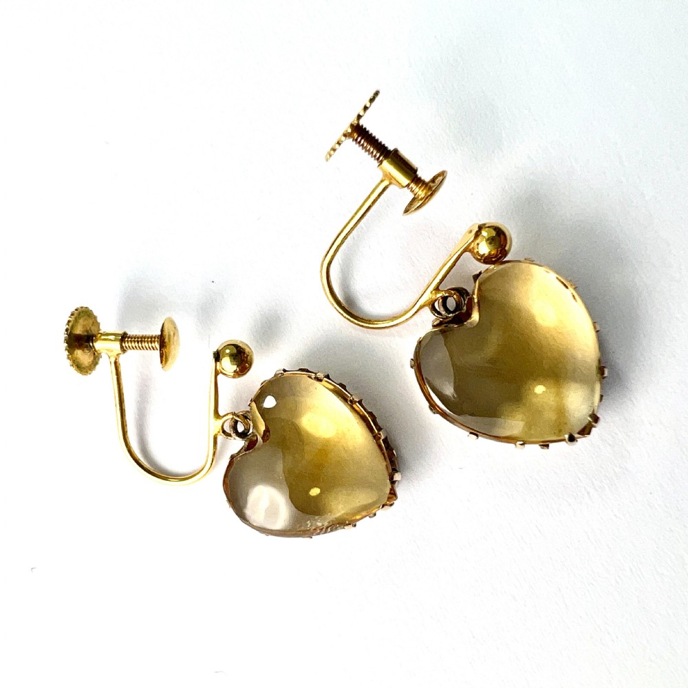 RESERVED • Victorian 9CT Gold Citrine Heart Screwback Earrings View VI