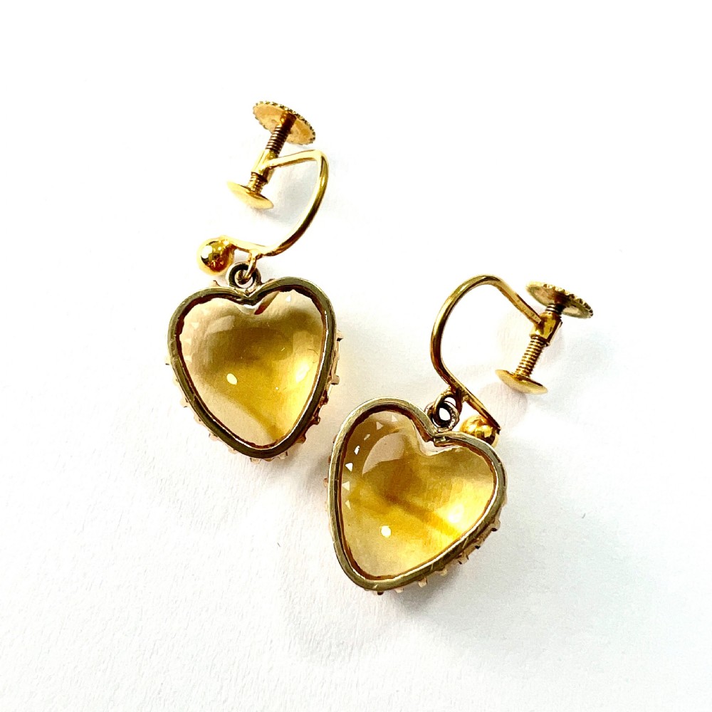 RESERVED • Victorian 9CT Gold Citrine Heart Screwback Earrings View VII