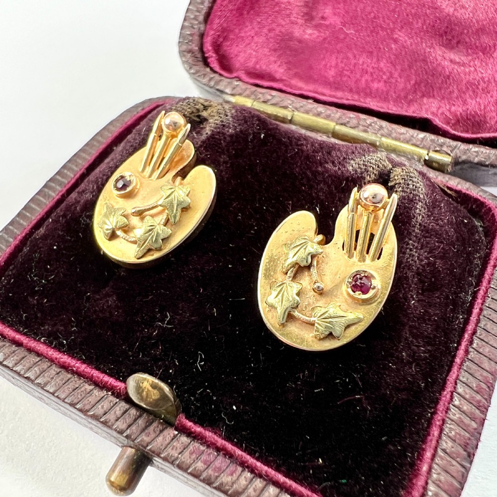 Rare Victorian Ruby 9CT Gold Artists Palette Earrings View II