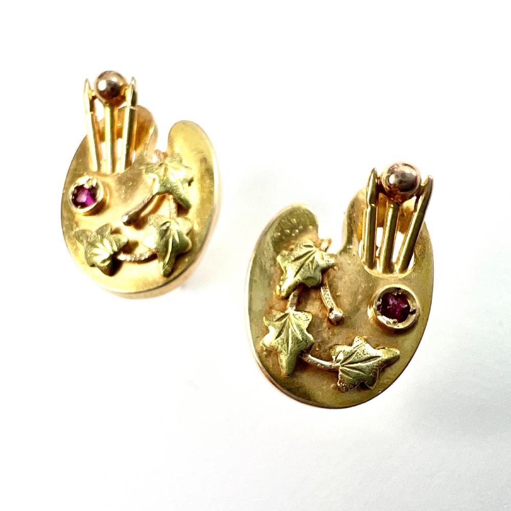 Rare Victorian Ruby 9CT Gold Artists Palette Earrings View V