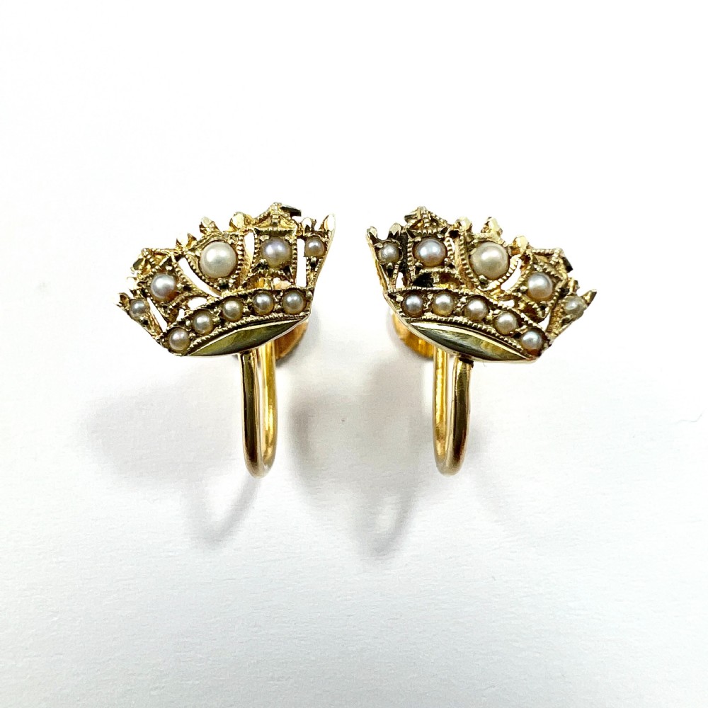• Vintage 9CT Gold Pearl Crown Screwback Earrings