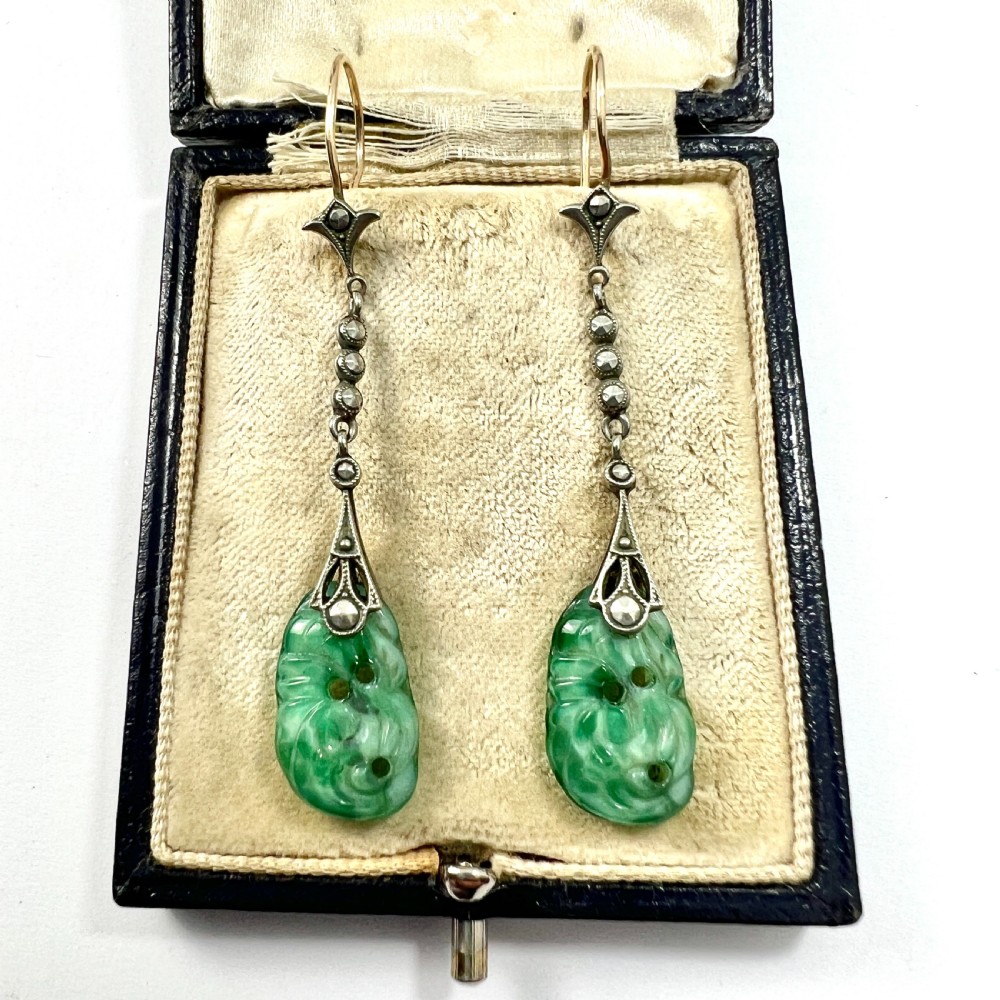 Edwardian 9CT Gold Silver Jade and Marcasite Drop Earrings
