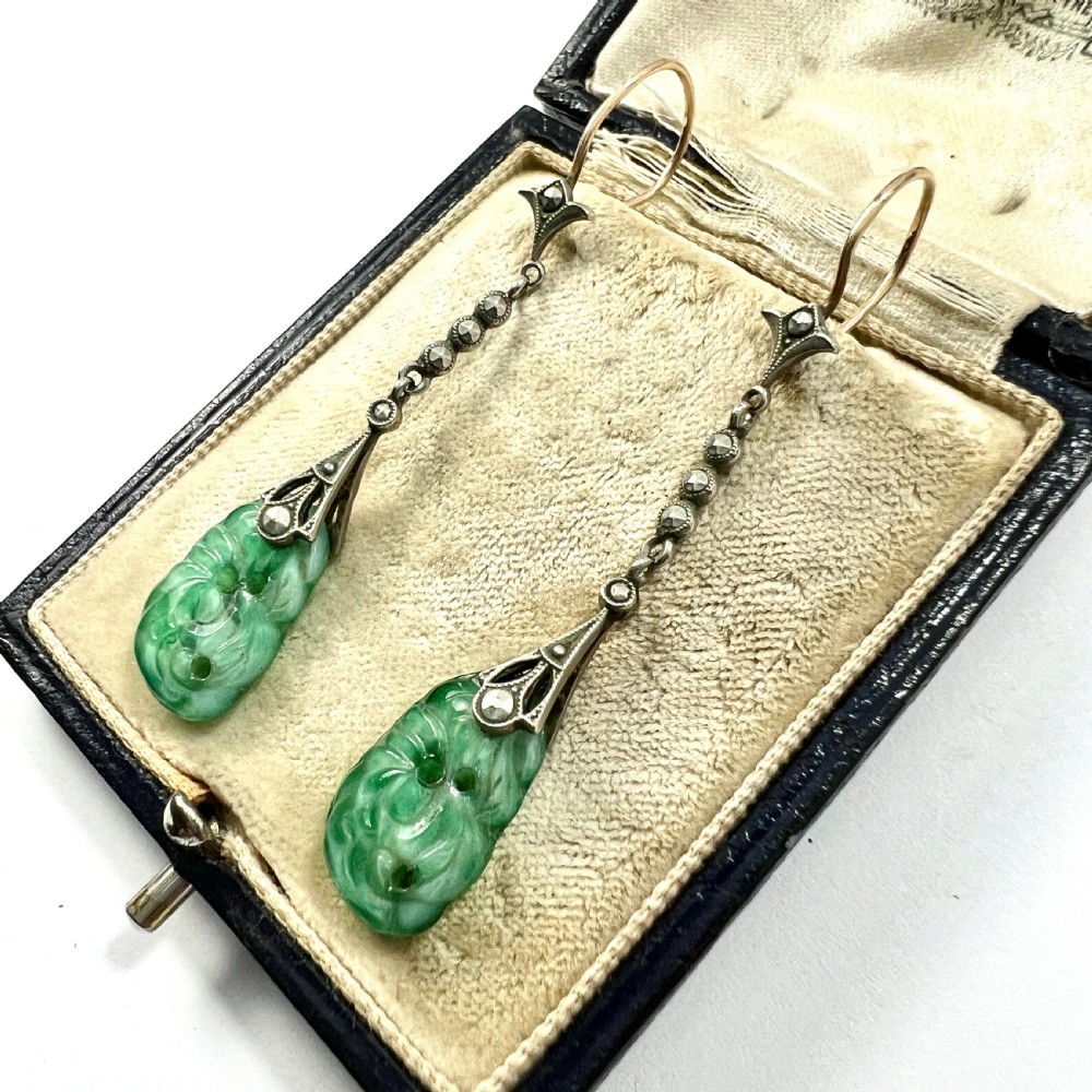 Edwardian 9CT Gold Silver Jade and Marcasite Drop Earrings View II