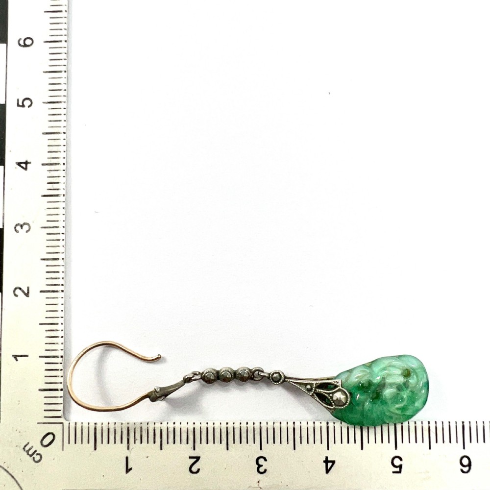 Edwardian 9CT Gold Silver Jade and Marcasite Drop Earrings View III