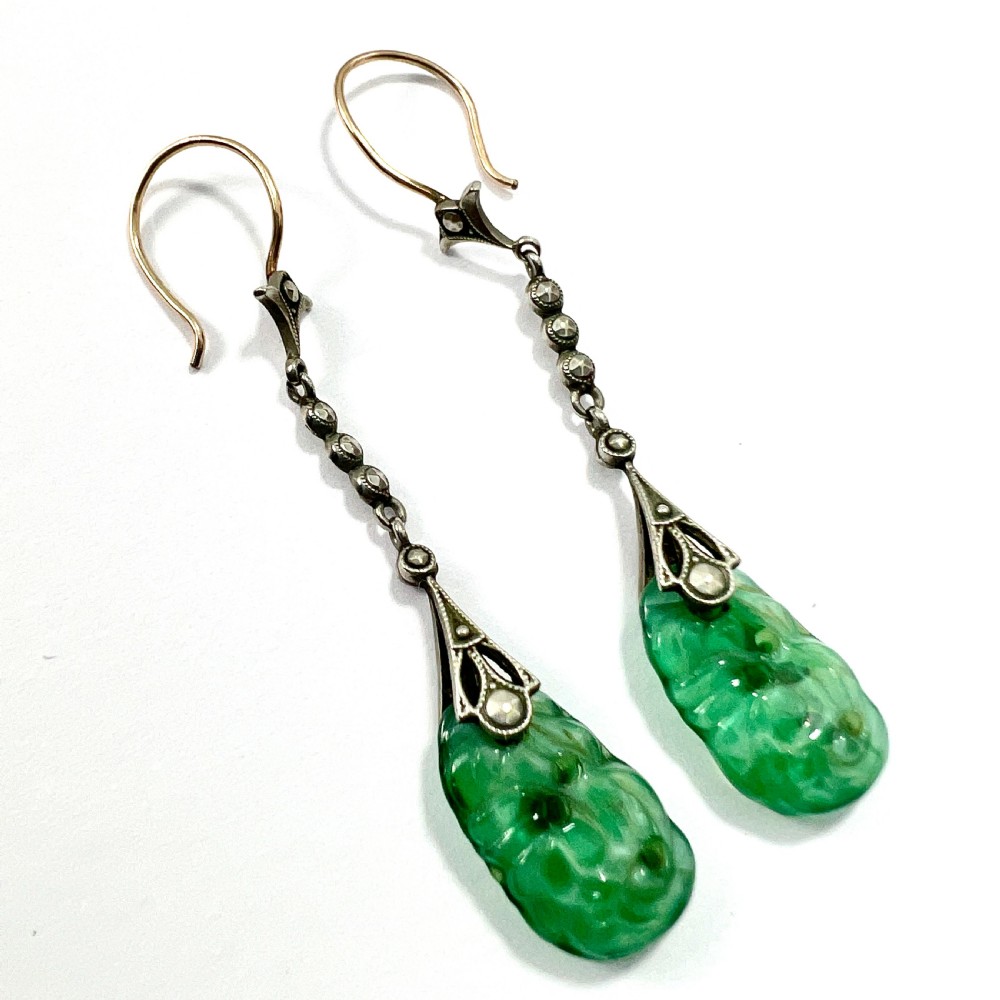 Edwardian 9CT Gold Silver Jade and Marcasite Drop Earrings View IV