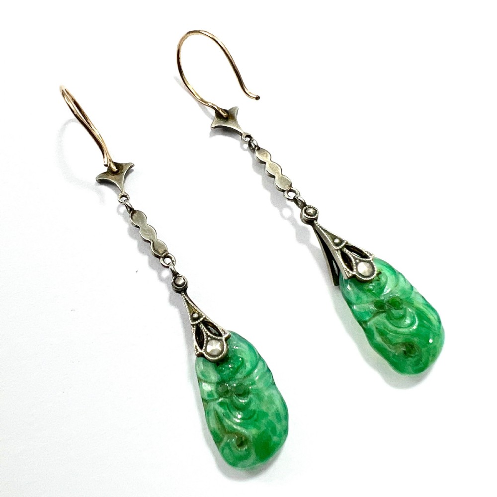 Edwardian 9CT Gold Silver Jade and Marcasite Drop Earrings View V