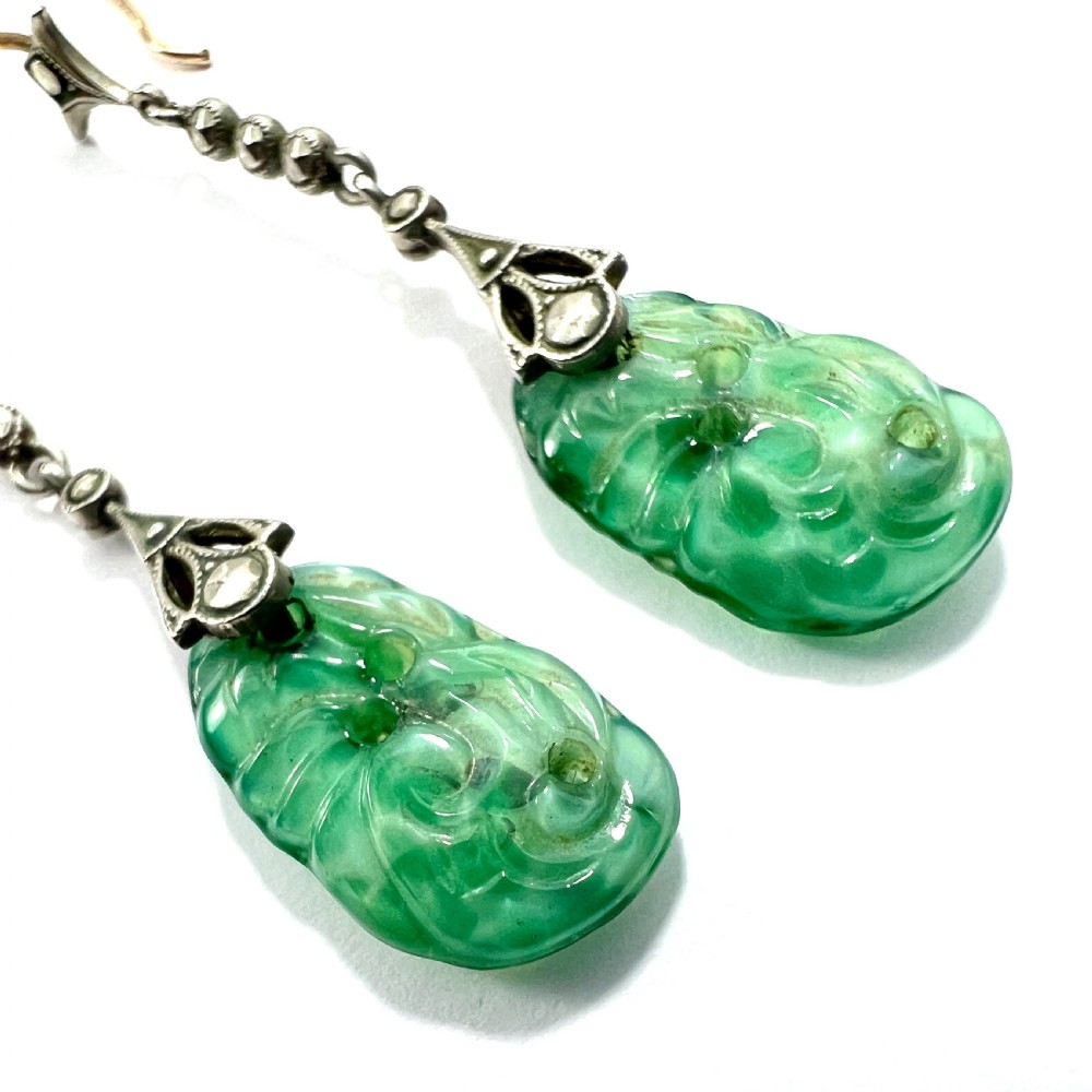 Edwardian 9CT Gold Silver Jade and Marcasite Drop Earrings View VI