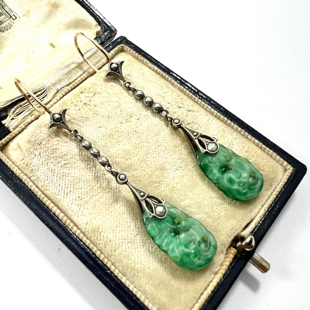 Edwardian 9CT Gold Silver Jade and Marcasite Drop Earrings View VIII