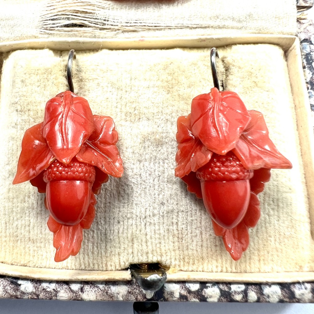 Victorian Carved Coral Acorn Earrings View II