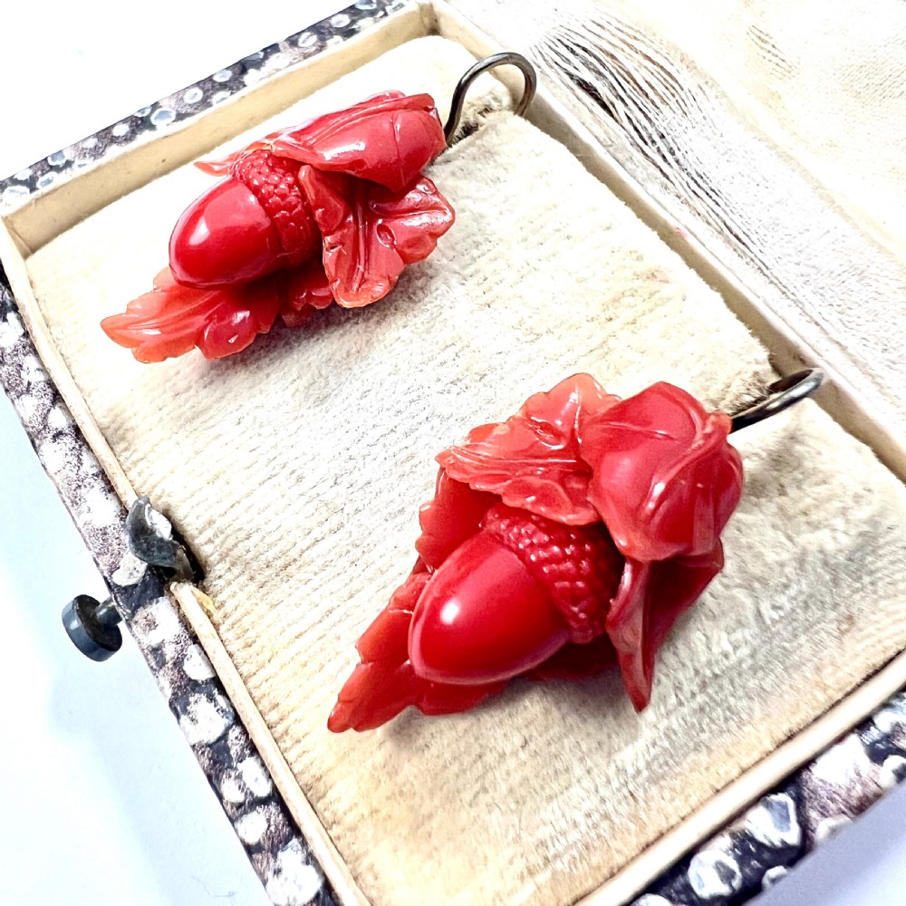 Victorian Carved Coral Acorn Earrings View III