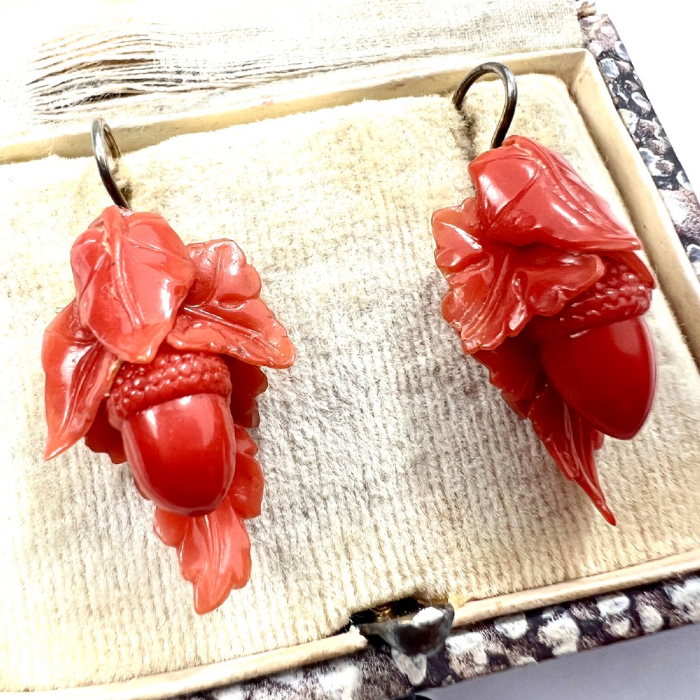 Victorian Carved Coral Acorn Earrings View IV