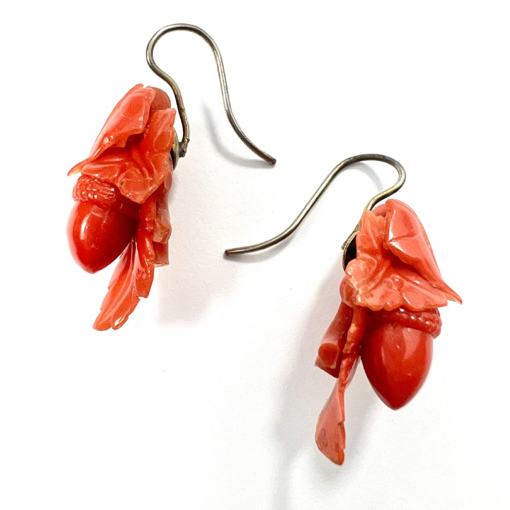 Victorian Carved Coral Acorn Earrings View VI