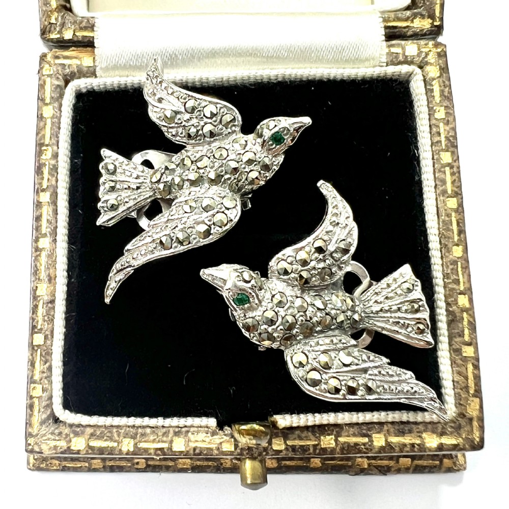 Vintage Green Eyed Bird Marcasite Ear Clips
