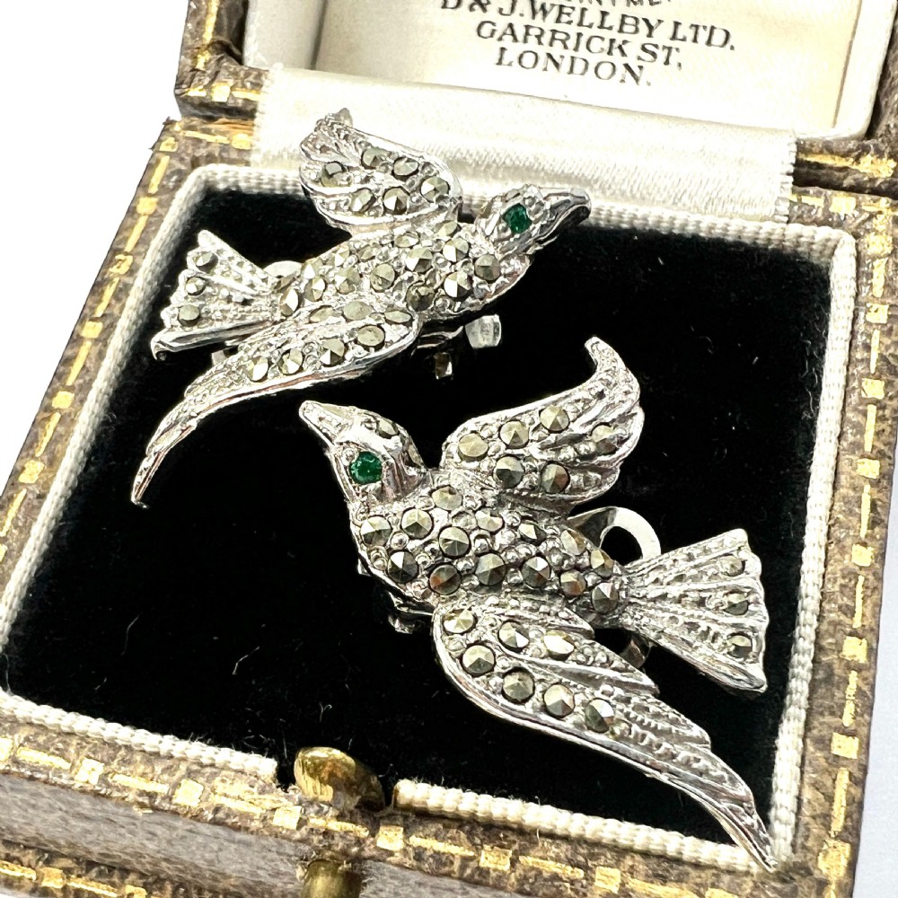 Vintage Green Eyed Bird Marcasite Ear Clips View II