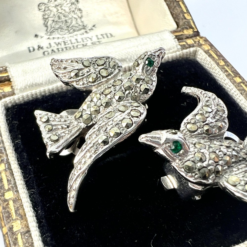 Vintage Green Eyed Bird Marcasite Ear Clips View IV