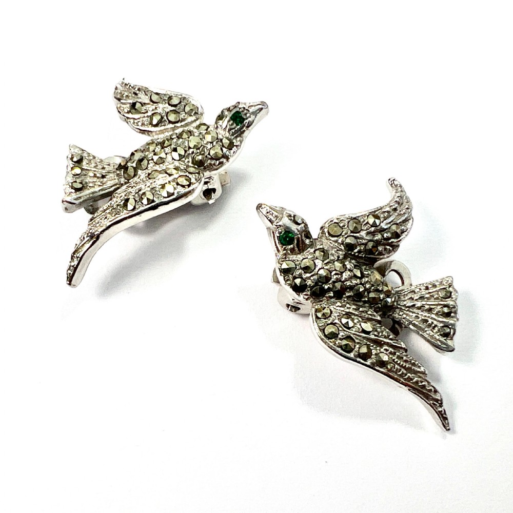 Vintage Green Eyed Bird Marcasite Ear Clips View V