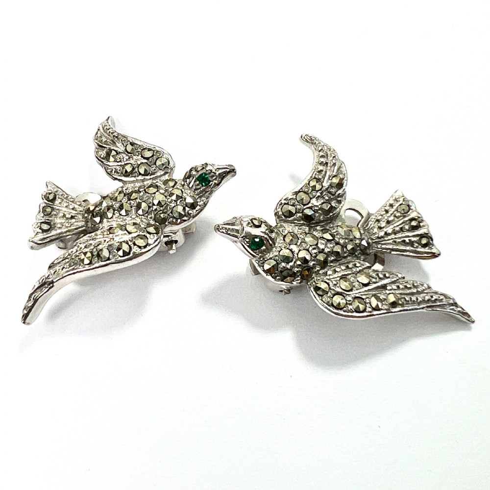 Vintage Green Eyed Bird Marcasite Ear Clips View VI