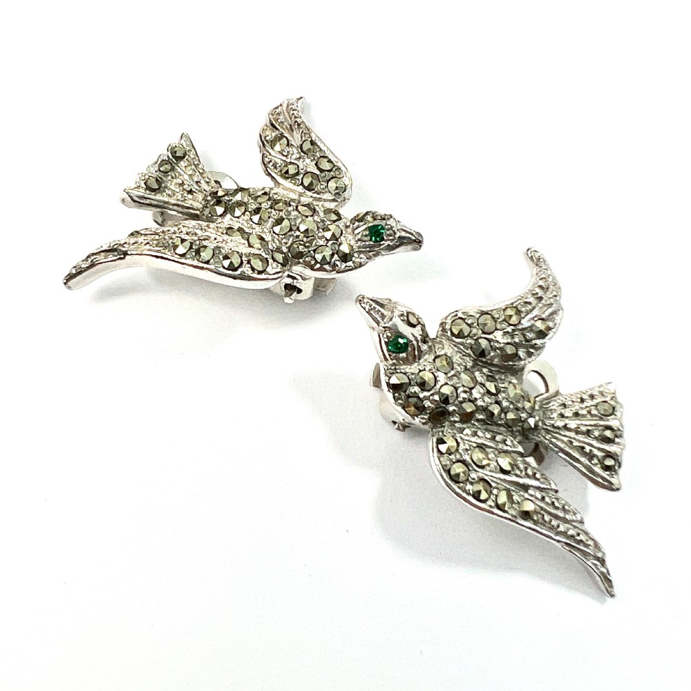 Vintage Green Eyed Bird Marcasite Ear Clips View VIII