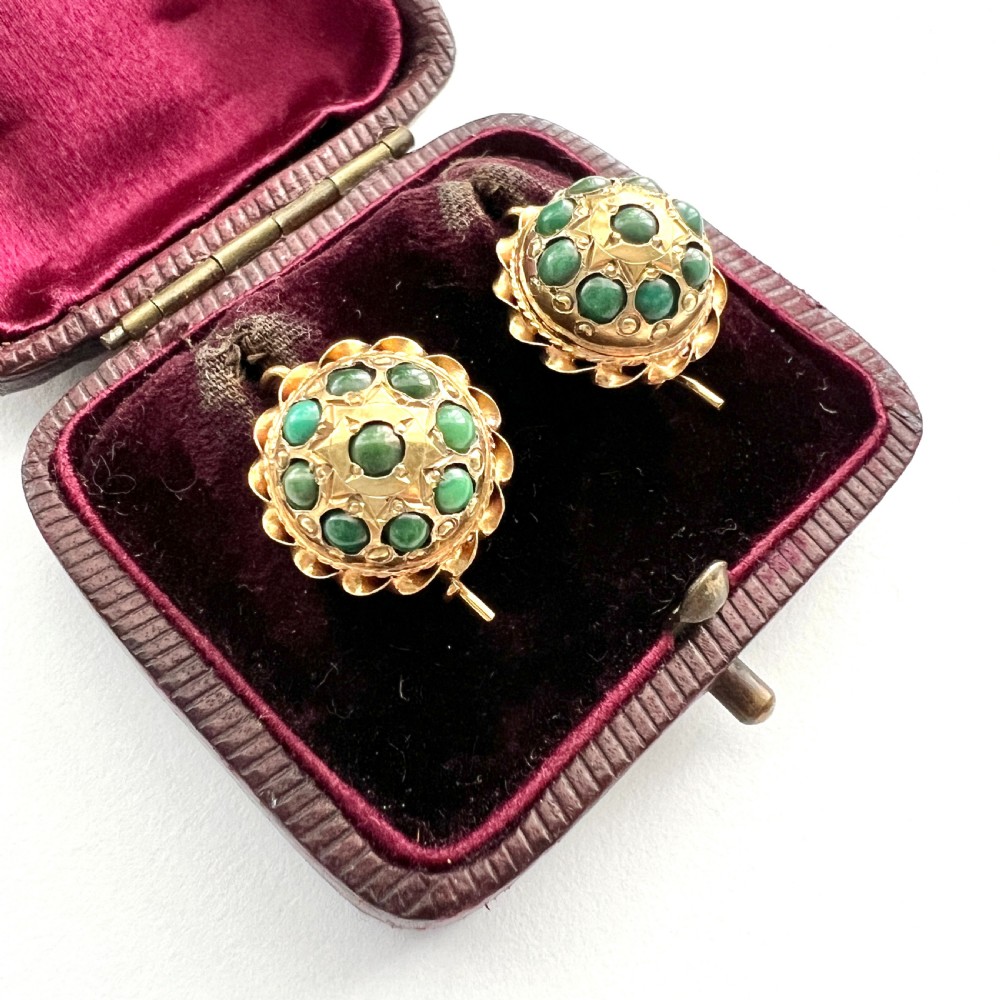 Victorian 18CT Gold Turquoise Cluster Dome Earrings View II