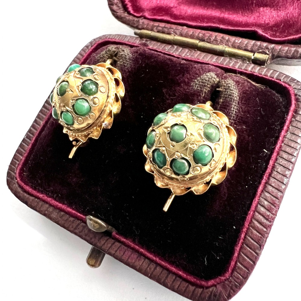 Victorian 18CT Gold Turquoise Cluster Dome Earrings View VI