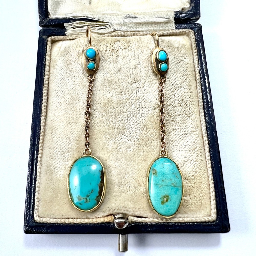 Edwardian Art Nouveau Turquoise 9CT Gold Chain Drop Earrings