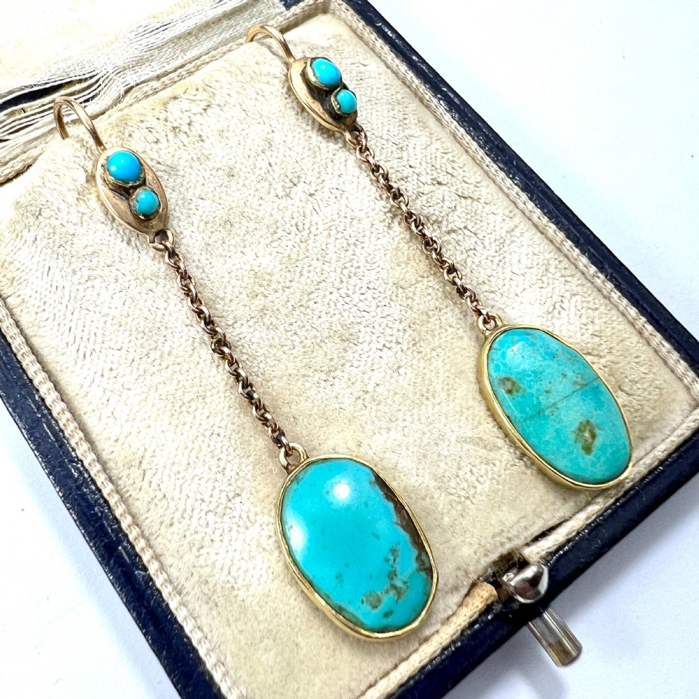 Edwardian Art Nouveau Turquoise 9CT Gold Chain Drop Earrings View II