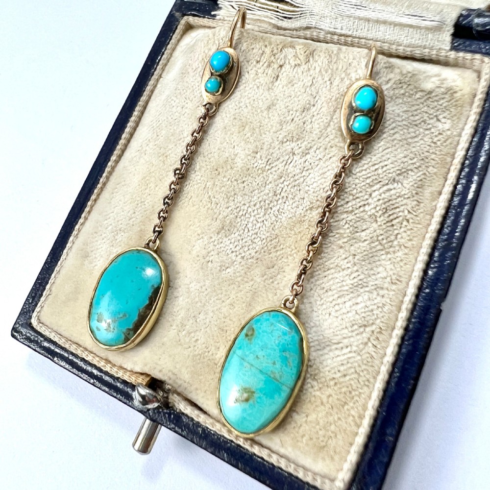 Edwardian Art Nouveau Turquoise 9CT Gold Chain Drop Earrings View III
