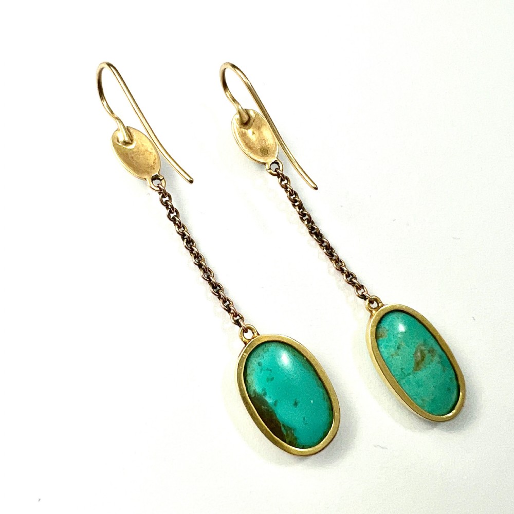 Edwardian Art Nouveau Turquoise 9CT Gold Chain Drop Earrings View IV