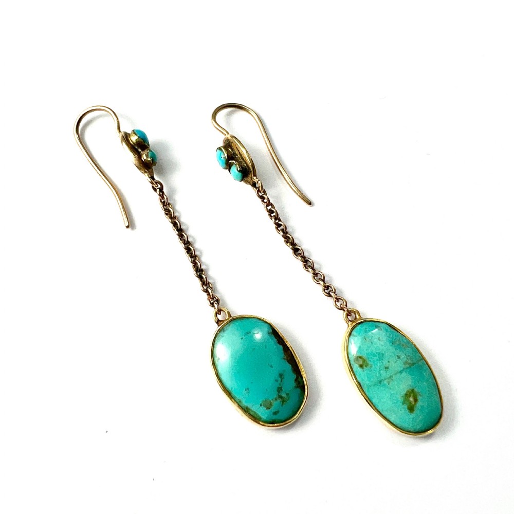 Edwardian Art Nouveau Turquoise 9CT Gold Chain Drop Earrings View V