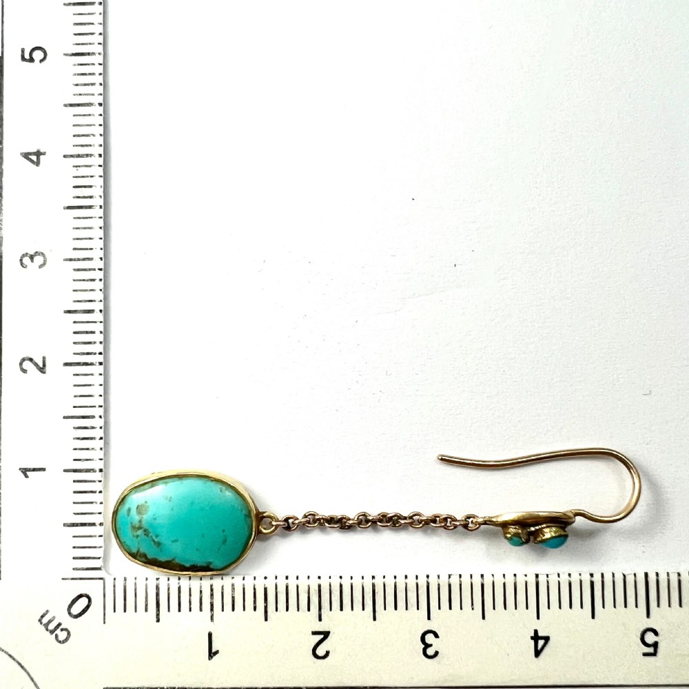 Edwardian Art Nouveau Turquoise 9CT Gold Chain Drop Earrings View VI