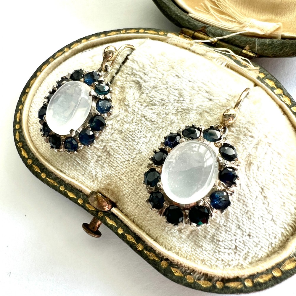 Vintage Moonstone and Sapphire 9CT Gold and Silver Halo Earrings View II