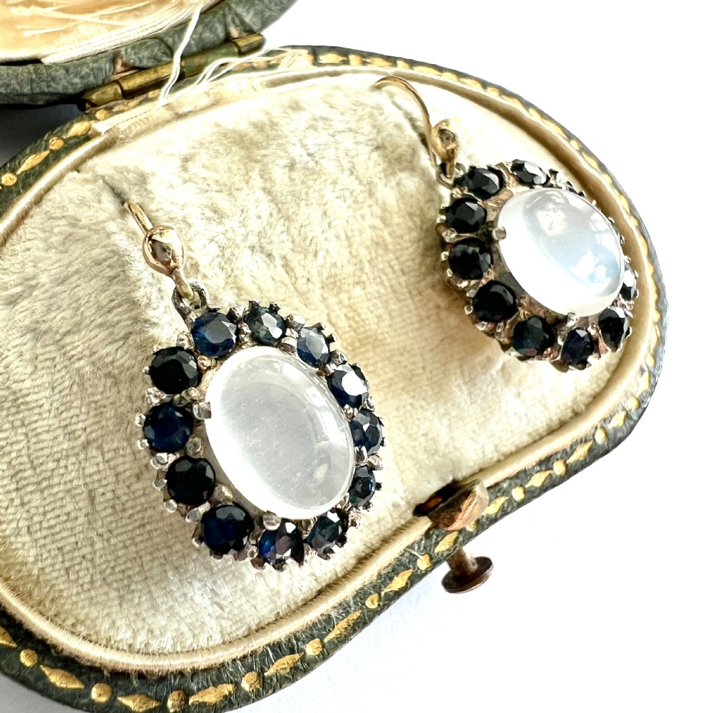 Vintage Moonstone and Sapphire 9CT Gold and Silver Halo Earrings View III