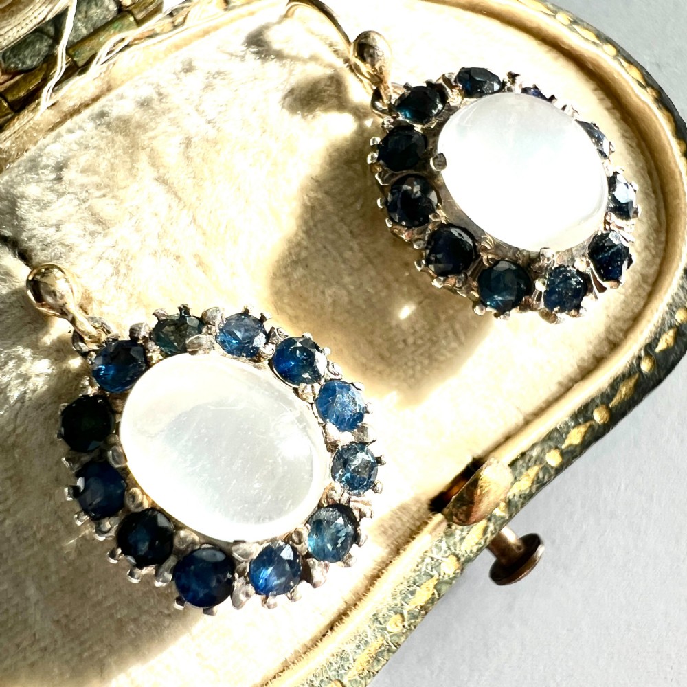 Vintage Moonstone and Sapphire 9CT Gold and Silver Halo Earrings View IV