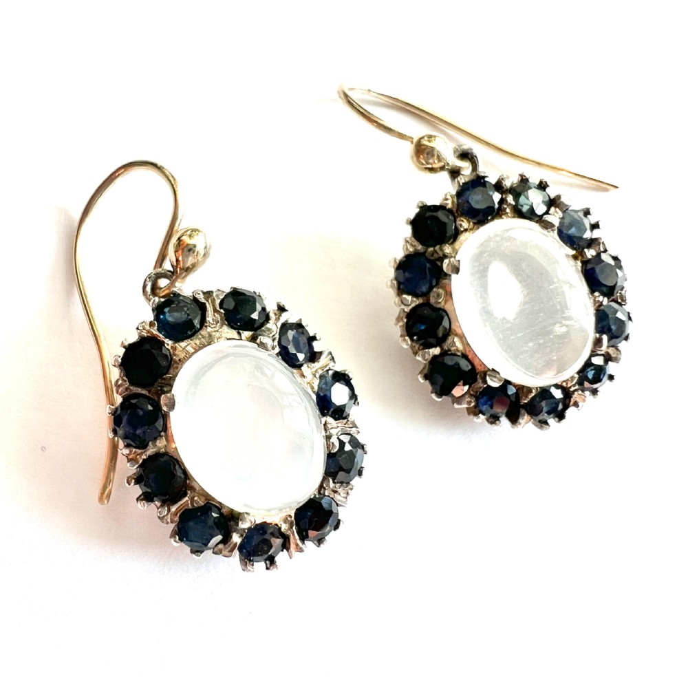 Vintage Moonstone and Sapphire 9CT Gold and Silver Halo Earrings View VII